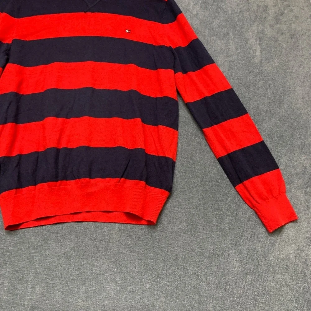 Tommy Hilfiger Sweater Mens Small Navy Blue Red Striped Cotton Tight Knit Winter
